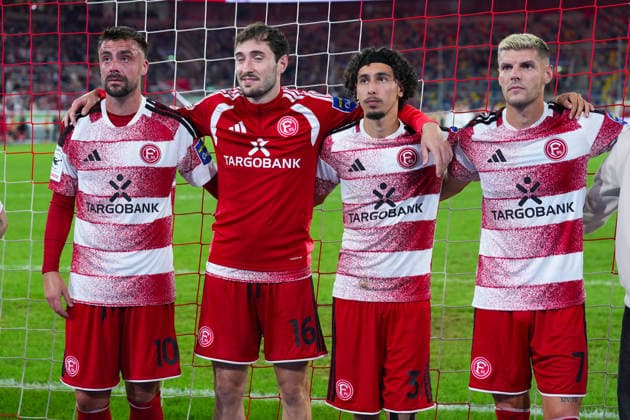 August 28, 2026, xydrx, Soccer, 3rd Division, Fortuna Düsseldorf vs. VfB Stuttgart II, 2026–2027 season, Merkur Spiel Arena: Philipp Foerster (Fortuna Düsseldorf), 10 Marcel Benger (Fortuna Düsseldorf), 16 Anas Slimani (Fortuna Düsseldorf), 34, and Erik Wekesser (Fortuna Düsseldorf), 7, celebrate the victory. DFB regulations prohibit any use of photographs as image sequences and or quasi-video. Copyright: HMBxMedia YannisxDreimann