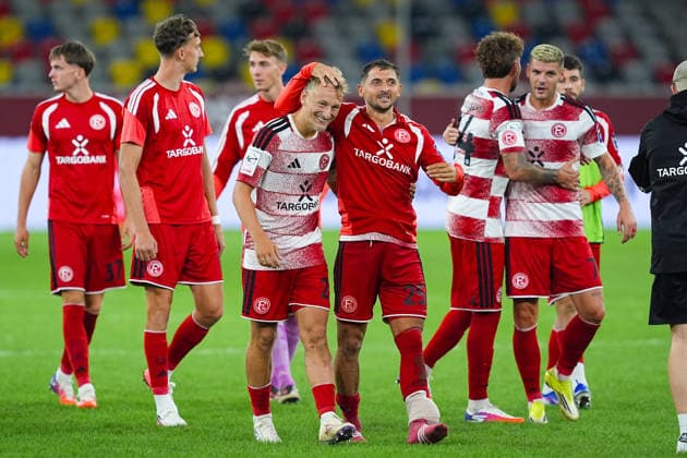 August 28, 2026, xydrx, Soccer, 3. Liga, Fortuna Düsseldorf vs. VfB Stuttgart II, 2026–2027 season, Merkur Spiel Arena: Sascha Risch (Fortuna Düsseldorf), 28, and Matthias Zimmermann (Fortuna Düsseldorf), 25, celebrate the victory. DFB regulations prohibit any use of photographs as image sequences and or quasi-video. Copyright: HMBxMedia YannisxDreimann