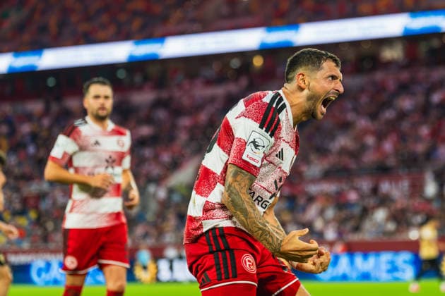 Substitute captain Matthias Zimmermann of Fortuna Düsseldorf, 25, shouts out his anger and joy toward the fans; Fortuna Düsseldorf vs. VFB Stuttgart II, soccer, 3rd Division, Matchday 3, 2026–27 season, August 28, 2026, DFL regulations prohibit any use of photographs as image sequences and or quasi-video, Fortuna Düsseldorf vs. VFB Stuttgart II, soccer, 3. Liga, Matchday 3, 2026–27 season, August 28, 2026, Düsseldorf Copyright: xEibner-Pressefoto LukasxBaldygax EP_LBA