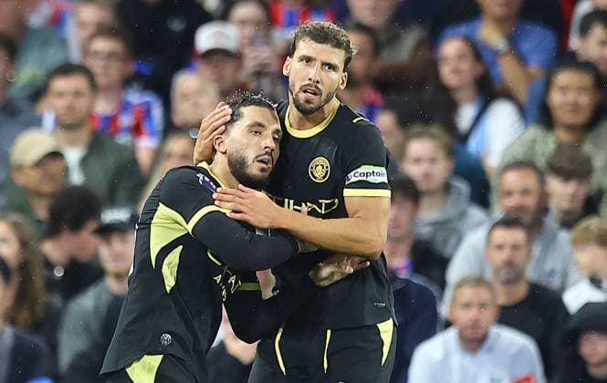 Rayan Cherki of Manchester City celebrates scoring their sides second goal with team-mate Ruben Dias of Manchester City Crystal Palace v Manchester City, Premier League Football, Football, Selhurst Park, London, UK - 28 Aug 2026London Selhurst Park United Kingdom EDITORIAL USE ONLY No use with unauthorised audio, video, data, fixture lists, club league logos or live services. Online in-match use limited to 120 images, no video emulation. No use in betting, games or single club league player publications. Copyright: xMichaelxZemanek Shutterstockx 17118951aw