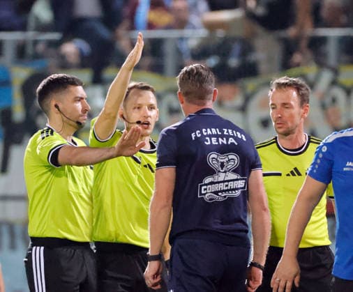 CFC vs. FC Carl Zeiss Jena, August 28, 2026, Chemnitz, Eins Stadium on Gellertstrasse, Sports, Soccer, 2026–2027 Northeast Regional League, Matchday 7, CFC, CFC vs. FC Carl Zeiss Jena—Jena’s coach, Marco Grote, confronts the referees after the game in Chemnitz, Saxony, Germany