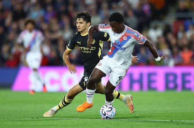 Eddie Nketiah of Crystal Palace and Abdukodir Khusanov of Manchester City Crystal Palace v Manchester City, Premier League Football, Football, Selhurst Park, London, UK - 28 Aug 2026London Selhurst Park United Kingdom EDITORIAL USE ONLY No use with unauthorised audio, video, data, fixture lists, club league logos or live services. Online in-match use limited to 120 images, no video emulation. No use in betting, games or single club league player publications. Copyright: xMichaelxZemanek Shutterstockx 17118951ck