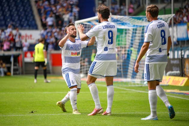 August 29, 2026, GER, Soccer, Men s, 3rd Division, 2026–2027 Season, MSV Duisburg vs. Würzburger Kickers, Lex Tyger Lobinger, Duisburg goal celebration, celebrating with Can Coskun after scoring the 2–0 goal, Duisburg, Schauinsland Arena, North Rhine-Westphalia, Germany Copyright: xAdrianxSchlüterx