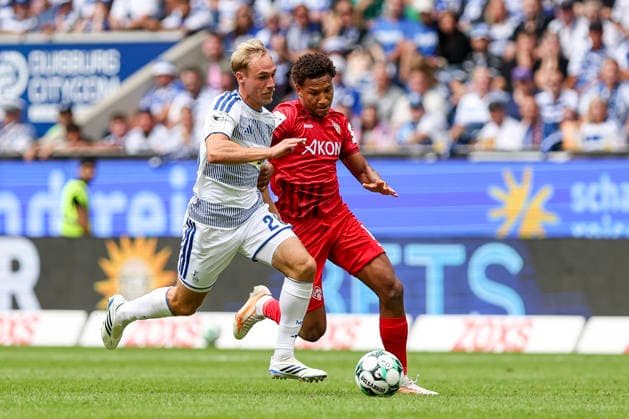 August 29, 2026, GER, Soccer, Men’s, 3rd Division, 2026–2027 Season, MSV Duisburg vs. FC Würzburger Kickers, Florian Krüger (Duisburg) and Liam Omore (Würzburg), Duisburg’s Schauinsland-Arena, North Rhine-Westphalia, Germany Copyright: xAdrianxSchlüterx
