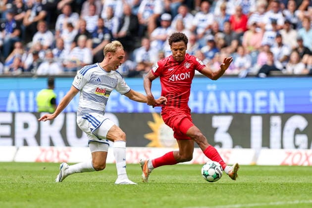 August 29, 2026, GER, Soccer, Men’s, 3rd Division, 2026–2027 Season, MSV Duisburg vs. FC Würzburger Kickers, Florian Krüger (Duisburg) and Liam Omore (Würzburg), Duisburg’s Schauinsland-Arena, North Rhine-Westphalia, Germany Copyright: xAdrianxSchlüterx