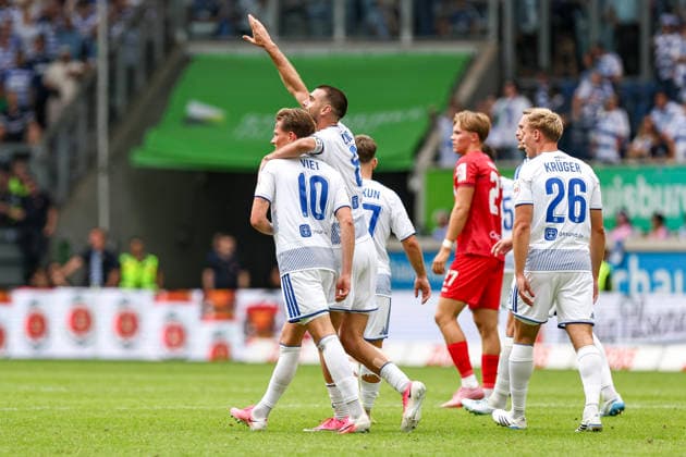 August 29, 2026, GER, Soccer, Men s, 3rd Division, 2026–2027 Season, MSV Duisburg vs. Würzburger Kickers, Christian Viet, Duisburg, goal celebration—celebrating his goal to make it 3–0 with Rasim Bulic, Duisburg, Schauinsland Arena, North Rhine-Westphalia, Germany Copyright: xAdrianxSchlüterx