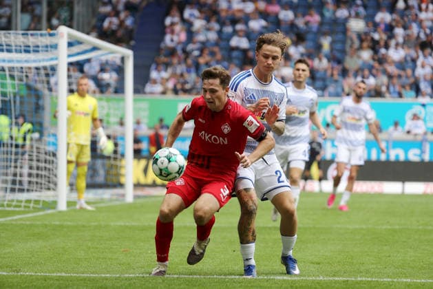 August 29, 2025, xfsx, Men s, Soccer, 2026–2027 Season, 3rd Division, Matchday 3: MSV Duisburg vs. FC Würzburger Kickers; from left: Tim Kraus (FC Würzburger Kickers), Niklas Jessen (MSV Duisburg); Duisburg Schauinsland Reisen Arena, North Rhine-Westphalia, Germany
