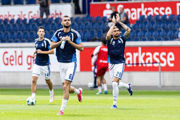 3rd Division, Matchday 3: MSV Duisburg vs. FC Würzburger Kickers, August 29, 2026; Rasim Bulic (MSV Duisburg, 6), Conor Noß (MSV Duisburg, 14), Joshua Bitter (MSV Duisburg, 29) warming up, 3rd Division, Matchday 3: MSV Duisburg vs. FC Würzburger Kickers at Schauinsland Reisen Arena, Duisburg, August 29, 2026. DFB regulations prohibit any use of photographs as image sequences and or quasi-video. Copyright: xBEAUTIFULxSPORTS Buriakovx