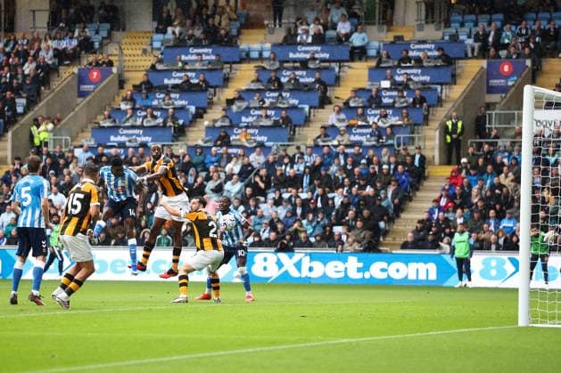 Taiwo Awoniyi of Coventry City heads a shot at goal Coventry City v Hull City, Premier League Football, Football, Coventry Building Society Arena, Coventry, UK - 29 Aug 2026Coventry Coventry Building Society Arena United Kingdom EDITORIAL USE ONLY No use with unauthorised audio, video, data, fixture lists, club league logos or live services. Online in-match use limited to 120 images, no video emulation. No use in betting, games or single club league player publications. Copyright: xRyanxBrowne Shutterstockx 17119017dk