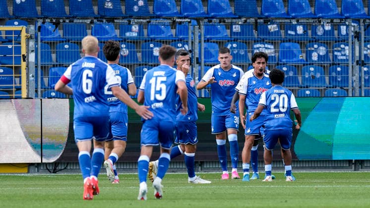 Players from TSG 1899 Hoffenheim II U23 celebrate the 1–0 goal, Celebration, goal celebration, goal scored, celebrate the goal, goal, celebration, celebrating the goal, joy, happiness, happy, optimistic, positive, game scene, highlight, action, 08 29 2026, Sinsheim, Germany, soccer, 3. Liga, TSG 1899 Hoffenheim II vs. SSV Jahn Regensburg, DFB and DFL regulations prohibit any use of photographs as image sequences and or quasi-video xozx