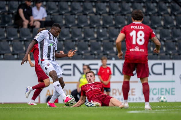 Tackle by Christian Mistl of SG Sonnenhof Großaspach, 06, SG Sonnenhof Großaspach vs. FC Ingolstadt 04, soccer, 3rd Division, Matchday 3, August 29, 2026, DFB regulations prohibit any use of photographs as image sequences and or quasi-video. Aspach, Baden-Württemberg, Germany Copyright: xkolbert-press PhilipxZieglerx