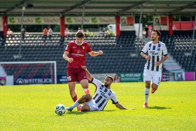 Niklas Pollex (SG Sonnenhof Großaspach, 18) fouls Antonis Aidonis (SG Sonnenhof Großaspach, 15) and is subsequently shown a yellow-red card, SG Sonnenhof Großaspach vs. FC Ingolstadt 04, Soccer, 3rd Division, Matchday 3, August 29, 2026; DFB regulations prohibit any use of photographs as image sequences and or quasi-video. Aspach, Baden-Württemberg, Germany Copyright: xkolbert-press PhilipxZieglerx