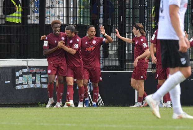 August 29, 2026, Germany, Soccer, 3rd Division, 2026–2027 Season, Matchday 3, Sportclub Arena, Verl SC Verl vs. Fortuna Köln 1–2 Goal Celebration: Fortuna Köln celebrates with goal scorer Romeo Aigbekaen (Fortuna Köln, left), Action, Single Frame, Horizontal, Facial Expressions, Gestures, Celebration, Cheering, Joy, Happiness