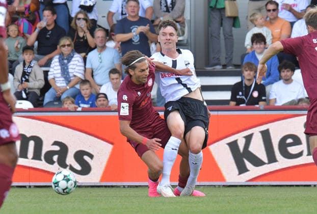 August 29, 2026, GER, Soccer, 3rd Division, 2026–2027 Season, Matchday 3, Sportclub Arena, Verl SC Verl vs. Fortuna Köln 3–2; Tim Heike (SC Verl, right) vs. Luca Jacob Klemen Majetic (Fortuna Köln), action, duel, tackle