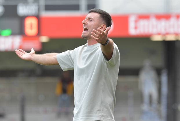 August 29, 2026, GER, Soccer, 3rd Division, 2026–2027 Season, Matchday 3, Sportclub Arena, Verl SC Verl vs. Fortuna Köln 1–2, Orest Shala (SC Verl coach), action, single frame, landscape orientation, facial expressions, gestures, coach