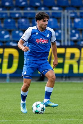 Diren Dagdeviren TSG II, 8, on the ball, isolated, full-body, single frame, single photo, action, August 29, 2026, Sinsheim, Germany, soccer, 3rd Division, TSG 1899 Hoffenheim II vs. SSV Jahn Regensburg, DFB and DFL regulations prohibit any use of photographs as image sequences and or quasi-video xozx