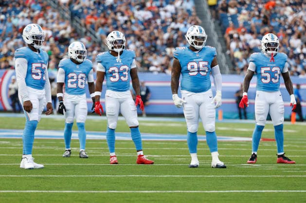 NASHVILLE, TN - AUGUST 29: Tennessee Titans defenders defensive lineman Jacob Martin (57), defensive back Marcus Harris (26), linebacker Cedric Gray (33), defensive lineman Jordan Elliott (95), and linebacker Anthony Hill (53) during a preseason game between the Tennessee Titans and Chicago Bears, August 29, 2026 at Nissan Stadium in Nashville, Tennessee. (Photo by Matthew Maxey Icon Sportswire) NFL, American Football Herren, USA AUG 29 Bears at Titans EDITORIAL USE ONLY Icon260829011