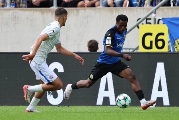 August 30, 2026, Soccer, Men s, 3rd Division, 2026–2027 Season, 1. FC Saarbrücken vs. FC Hansa Rostock, Abdenego Nankishi (1. FC Saarbrücken), Ouassim Karada (Hansa Rostock), Saarbrücken, Ludwigsparkstadion, Saarland, Germany (DEU) Copyright: xSebastianxBachx