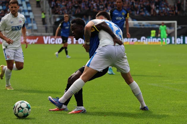 August 30, 2026, Soccer, Men s, 3rd Division, 2026–2027 Season, 1 FC Saarbrücken vs. FC Hansa Rostock, Niklas Kölle (Hansa Rostock), Abdenego Nankishi (1 FC Saarbrücken), Saarbrücken, Ludwigsparkstadion, Saarland, Germany, DEU Copyright: xSebastianxBachx