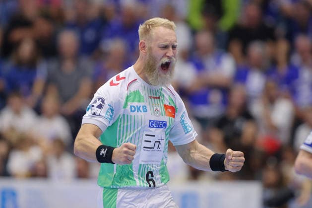 August 30, 2026, xtgx, Opel HBL Handball, VfL Gummersbach vs. SC Magdeburg, from left: Matthias Musche (Magdeburg), 6, cheering, goal celebration, celebrating the goal, Gummersbach