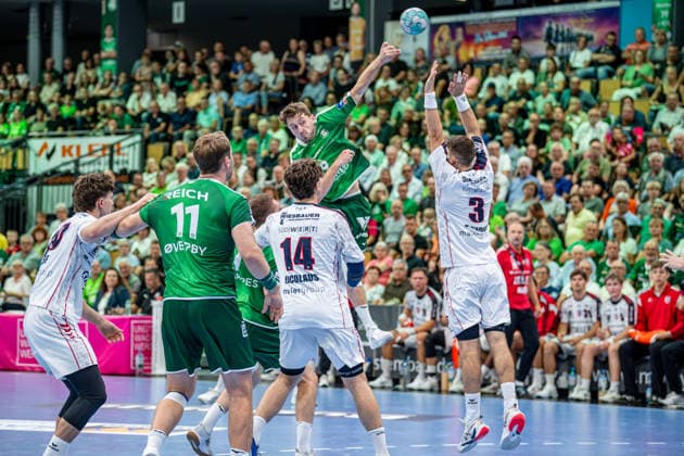 OPEL Handball Bundesliga: HSG Wetzlar vs. SG BBM Bietigheim, August 30, 2026 Niklas Theiß (HSG Wetzlar), 9, Nikola Vlahovic (SG BBM Bietigheim), 3, Fynn Nicolaus SG BBM Bietigheim, 14, Petter Oeverby HSG Wetzlar, 11, OPEL Handball Bundesliga HSG Wetzlar SG BBM Bietigheim Wetzlar, August 30, 2026 Copyright: xBEAUTIFULxSPORTS Roeczeyx