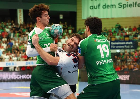 August 30, 2026, xovx, Opel Handball Bundesliga, HSG Wetzlar vs. SG BBM Bietigheim: Marti Soler (HSG Wetzlar), Jonathan Fischer (SG BBM Bietigheim), Doruk Pehlivan (HSG Wetzlar); Wetzlar, Buderus Arena, Hesse, Germany, DE
