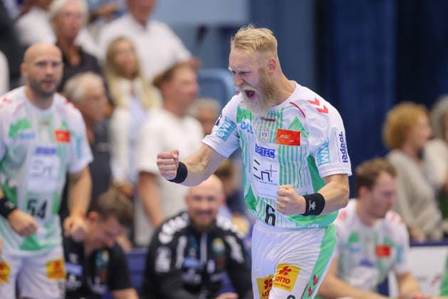 August 30, 2026, xtgx, Opel HBL Handball, VfL Gummersbach vs. SC Magdeburg, emspor, from left: Matthias Musche (Magdeburg), 6, cheering, goal celebration, celebrating the goal, Gummersbach