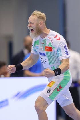 August 30, 2026, xtgx, Opel HBL Handball, VfL Gummersbach vs. SC Magdeburg, from left: Matthias Musche (Magdeburg), 6, cheering, goal celebration, celebrating the goal, Gummersbach