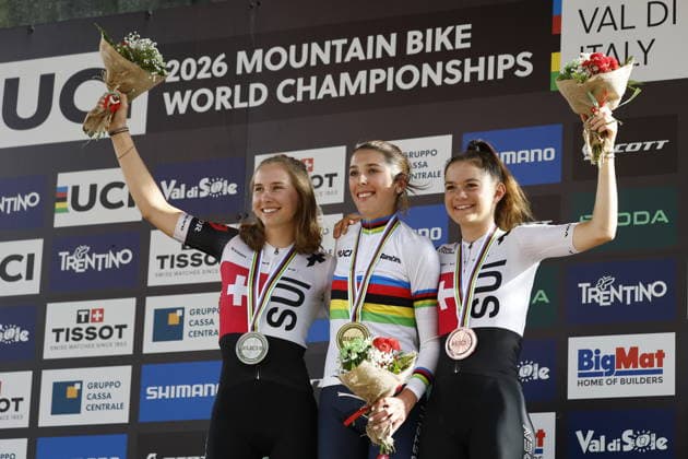 August 30, 2026, Daolasa di Commezzadura, Val di Sole Bikeland, 2026 UCI MTB World Championships Men’s U23 XCO (Cross Country Olympic): Anina Hutter from Switzerland, 2nd place and silver medal, Valentina Corvi from Italy, 1st place, World Champion, and gold medal; and Monique Halter, 3rd place and bronze medal at the 2026 Women’s U23 Cross Country Olympic World Championships in Daolasa di Commezzadura, Val di Sole Bikeland, Trento, Italy Copyright: xJustPictures.ch FrancescoxMinghettix jp-en-FrMi-_NG_2455