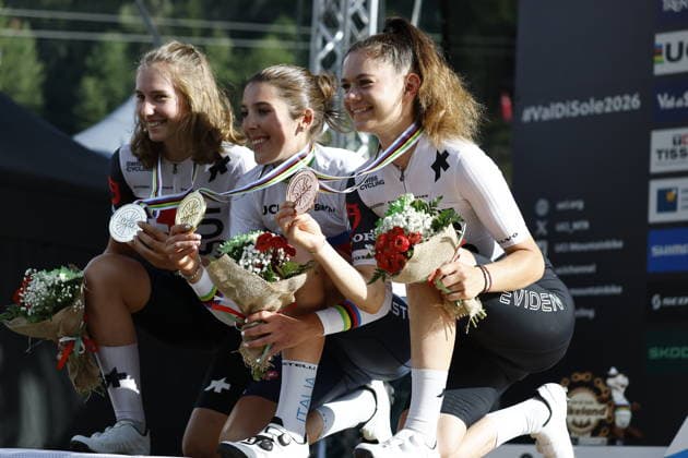 August 30, 2026, Daolasa di Commezzadura, Val di Sole Bikeland, 2026 UCI MTB World Championships Men’s U23 XCO (Cross Country Olympic): Anina Hutter from Switzerland, 2nd place and silver medal, Valentina Corvi from Italy, 1st place, World Champion, and gold medal; and Monique Halter, 3rd place and bronze medal at the 2026 Women’s U23 Cross Country Olympic World Championships in Daolasa di Commezzadura, Val di Sole Bikeland, Trento, Italy Copyright: xJustPictures.ch FrancescoxMinghettix jp-en-FrMi-_NG_2491