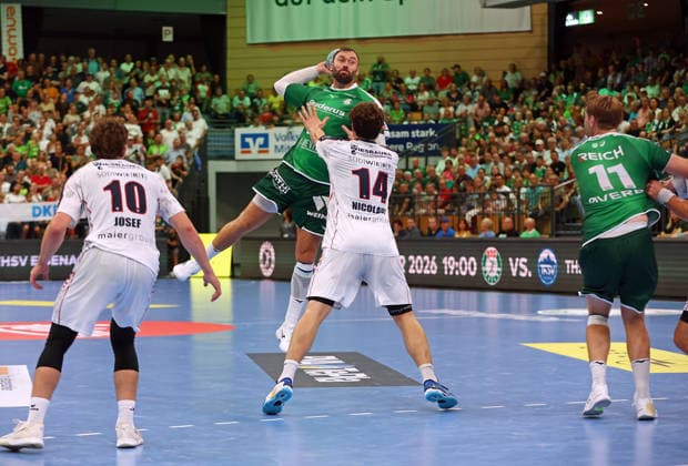 August 30, 2026, xovx, Opel Handball Bundesliga, HSG Wetzlar vs. SG BBM Bietigheim: Jonas Josef (SG BBM Bietigheim), Nikolaj Laesö (HSG Wetzlar), Fynn Luca Nicolaus (SG BBM Bietigheim), Petter Överby (HSG Wetzlar); Wetzlar, Buderus Arena, Hesse, Germany, DE