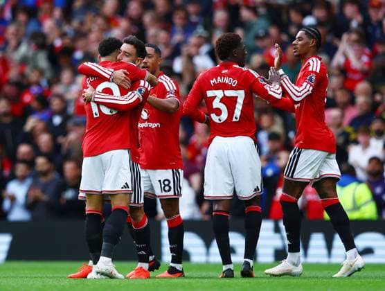 Bruno Fernandes of Manchester United, ManU celebrates scoring a goal to make it 1-1 with their team-mates Manchester United v Ipswich Town, Premier League Football, Football, Old Trafford, Manchester, UK - 30 Aug 2026Manchester Old Trafford United Kingdom EDITORIAL USE ONLY No use with unauthorised audio, video, data, fixture lists, club league logos or live services. Online in-match use limited to 120 images, no video emulation. No use in betting, games or single club league player publications. Copyright: xMattxWest Shutterstockx 17119118aj
