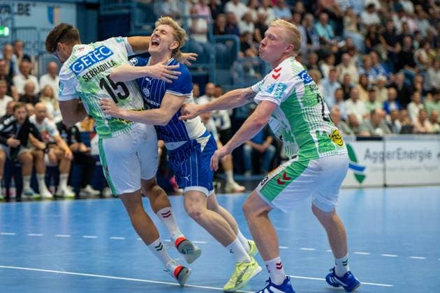 Antonio Serradilla, backcourt player, SC Magdeburg 15, Garda Ingi Sindrason, VfL Gummersbach 34, Magnus Saugstrup, pivot, SC Magdeburg 23, VfL Gummersbach vs. SC Magdeburg, Opel Handball Bundesliga, Men s, Matchday 1, August 30, 2026, Gummersbach, North Rhine-Westphalia, Germany Copyright: xkolbert-press MartinxWdziecznyx
