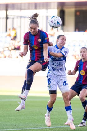 Spanish LigaF: FC Barcelona, Barca v Tenerife Femenino in Sant Joan Despi, Spain. Sant Joan Despi, Spain, 30, August, 2026. FC Barcelona woman player Ewa Pajor (17) head shot with Ariadna Mingueza (6) during LigaF match between FC Barcelona and Tenerife Feminine in Johan Cruyff Stadium, Sant Joan Despi, Spain, on August 30, 2026. Sant Joan Despi Johan Cruyff Stadium Barcelona Spain
