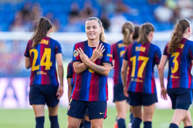Spanish LigaF: FC Barcelona, Barca v Tenerife Femenino in Sant Joan Despi, Spain. Sant Joan Despi, Spain, 30, August, 2026. FC Barcelona woman player Claudia Pina (9) celebrates her score during LigaF match between FC Barcelona and Tenerife Feminine in Johan Cruyff Stadium, Sant Joan Despi, Spain, on August 30, 2026. Sant Joan Despi Johan Cruyff Stadium Barcelona Spain