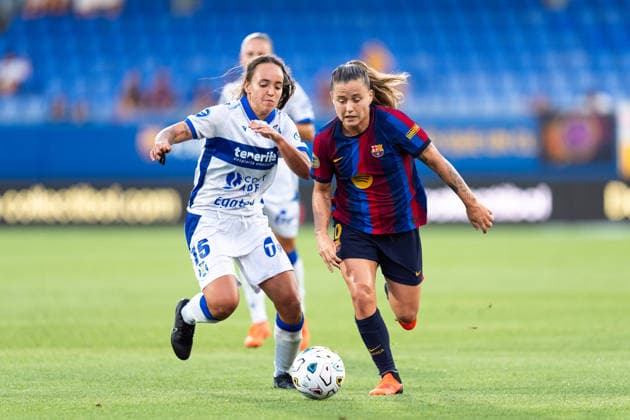 Spanish LigaF: FC Barcelona, Barca v Tenerife Femenino in Sant Joan Despi, Spain. Sant Joan Despi, Spain, 30, August, 2026. FC Barcelona woman player Claudia Pina (9) vies with Henar Muina (15) during LigaF match between FC Barcelona and Tenerife Feminine in Johan Cruyff Stadium, Sant Joan Despi, Spain, on August 30, 2026. Sant Joan Despi Johan Cruyff Stadium Barcelona Spain