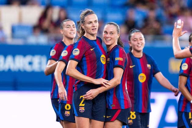 Spanish LigaF: FC Barcelona, Barca v Tenerife Femenino in Sant Joan Despi, Spain. Sant Joan Despi, Spain, 30, August, 2026. FC Barcelona woman player Irene Paredes (2) celebrates her score with Ewa Pajor (17) during LigaF match between FC Barcelona and Tenerife Feminine in Johan Cruyff Stadium, Sant Joan Despi, Spain, on August 30, 2026. Sant Joan Despi Johan Cruyff Stadium Barcelona Spain