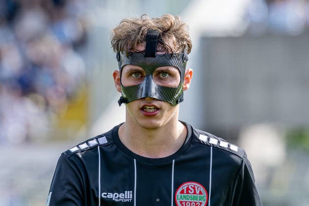 Kilian Pittrich, TSV 1882 Landsberg, 21, wearing a face mask; portrait; GER; TSV 1860 Munich vs. TSV Landsberg 1882, Soccer, Bavarian Regional League, Matchday 6, 2026–2027 season, August 30, 2026 DFL and DFB regulations prohibit any use of photographs as image sequences and or quasi-video. Photo: HMB Media, Heike Feiner Copyright: HMBxMedia HeikexFeiner