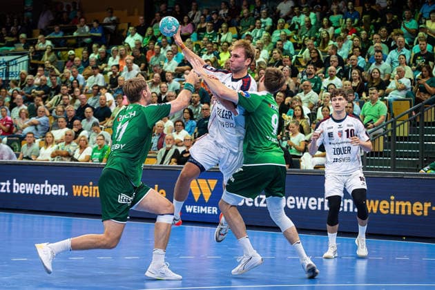 August 30, 2026, xovx, Opel Handball Bundesliga, HSG Wetzlar vs. SG BBM Bietigheim; Petter Överby (HSG Wetzlar), Mathias Larson (SG BBM Bietigheim), Niklas Theiß (HSG Wetzlar), Jonas Josef (SG BBM Bietigheim); Wetzlar, Buderus Arena, Hesse, Germany, DE