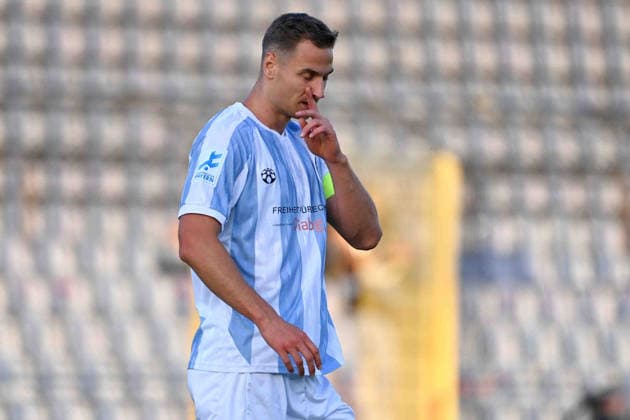 Dennis DRESSEL 1860 Munich, disappointment, frustration, disappointed, frustrated, dejected, action, single frame, cropped single shot, half-length portrait, half-figure, Bavarian State Soccer Cup, Toto Cup: TSV 1860 Munich vs. TSV Buchbach on September 1, 2026, at Grünwalder Stadium