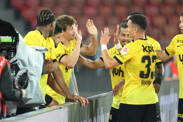 FC Zurich vs. Young Boys: Christian Fassnacht, Isaac Schmidt, and Stefan Bukinac celebrate a goal; YB, September 1, 2026, Zurich, SWITZERLAND, Letzigrund Stadium, Zurich; Soccer; 2026–2027 Season; Men s Soccer; Super League; FC Zurich vs. BSC Young Boys Bern; Christian Fassnacht, Isaac Schmidt, and Stefan Bukinac celebrate a goal; YB