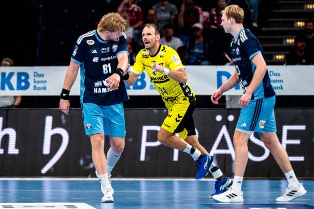 September 2, 2026, xdobgx, Opel HBL Handball, Handball Club Hamburg vs. TVB Stuttgart, Martin Hovde, Handball Club Hamburg, 81, Kai Häfner TVB Stuttgart, 34 celebration, goal celebration, celebrating the goal, Einar Olafsson Handball Club Hamburg, 23 Hamburg