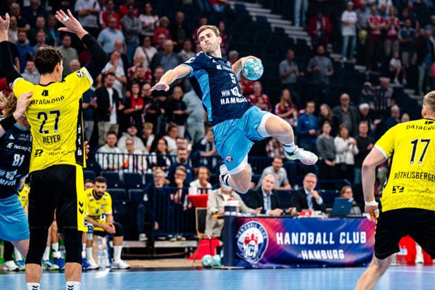 September 2, 2026, xdobgx, Opel HBL Handball, Handball Club Hamburg vs. TVB Stuttgart, Philipp Meyer (TVB Stuttgart), 27, Oliver Norlyk (Handball Club Hamburg), 5, shooting, in action, shooting at Hamburg