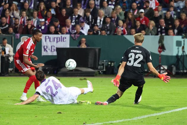 September 2, 2026, xrekx, Soccer DFB Cup First Round, VfL Osnabrück vs. FC Bayern Munich – Michael Olise, FC Bayern Munich goal scorers, scores the goal, goals, scores the goal 1 3 Jannik Müller, VfL Osnabrück, Osnabrück, Jonas Krumrey, VfL Osnabrück, Osnabrück, Osnabrück