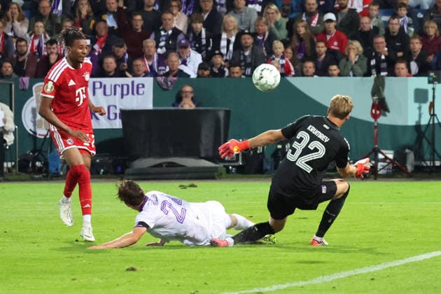 September 2, 2026, xrekx, Soccer DFB Cup First Round, VfL Osnabrück vs. FC Bayern Munich – Michael Olise, FC Bayern Munich goal scorers, scores the goal, goals, scores the goal 1 3 Jannik Müller, VfL Osnabrück, Osnabrück, Jonas Krumrey, VfL Osnabrück, Osnabrück, Osnabrück