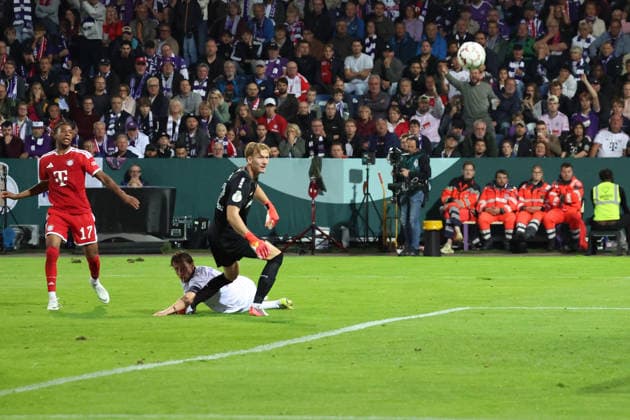 September 2, 2026, xrekx, Soccer DFB Cup First Round, VfL Osnabrück vs. FC Bayern Munich – Michael Olise, FC Bayern Munich goal scorers, scores the goal, goals, scores the goal 1 3 Jannik Müller, VfL Osnabrück, Osnabrück, Jonas Krumrey, VfL Osnabrück, Osnabrück, Osnabrück