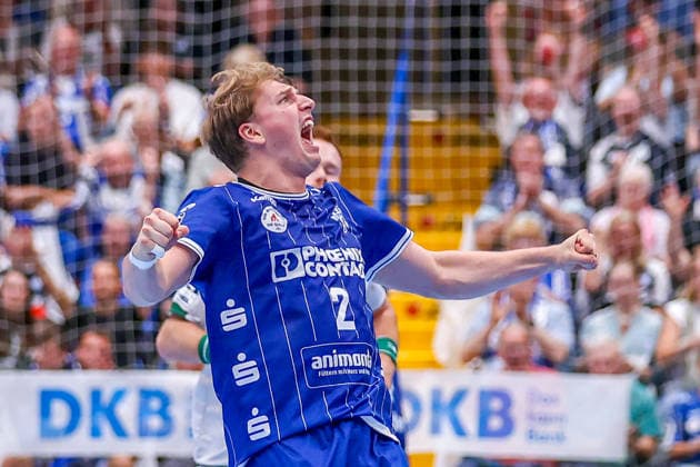 September 3, 2026, xkwix, Handball, Handball Bundesliga, TBV Lemgo Lippe vs. HSG Wetzlar, PHOENIX CONTACT arena, Matchday 2, 2026–2027 season. Lukas Hutecek of TBV Lemgo Lippe 2 celebrates wildly. Photo: xKamilxWilkowskixPressefotoKochx, North Rhine-Westphalia, Germany