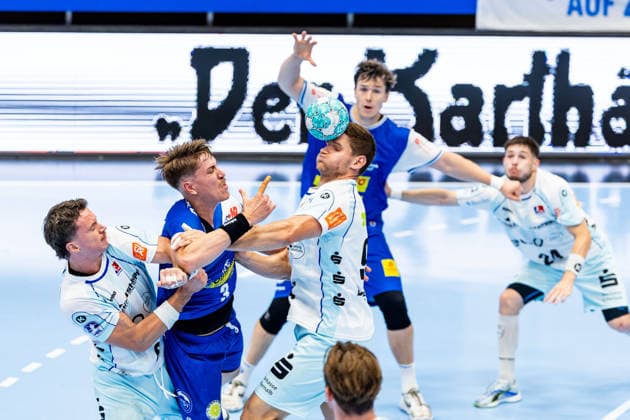 September 3, 2026, GER, Handball, Men, Season 26–27, Opel 1st Division, Matchday 2, ThSV Eisenach vs. HBW Balingen Weilstetten, Magnus Grupe (HBW Balingen Weilstetten), Oskar Joelsson (ThSV Eisenach), 3, Georg Poehle (HBW Balingen Weilstetten), 99817 Eisenach, Werner Assmann, Halle am Sportpark, Thuringia, Germany