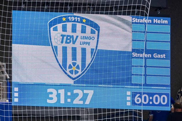The final score of 31–27 is displayed on the scoreboard: GER, TBV Lemgo Lippe vs. HSG Wetzlar, handball, 1st Bundesliga, Matchday 2, 2026–2027 season, September 3, 2026, GER, TBV Lemgo Lippe vs. HSG Wetzlar, Handball, 1st Bundesliga, Matchday 2, 2026–2027 season, September 3, 2026, Lemgo Copyright: xEibner-Pressefoto JanxRollingerx EP_JSK