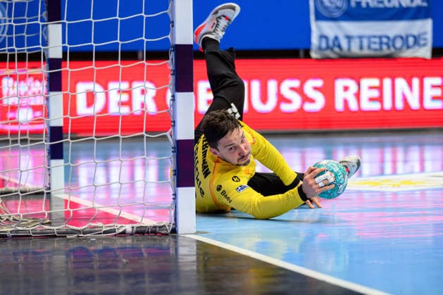 Daniel Rebmann, HBW Balingen Weilstetten, 12, saves the ball with a diving save. GER, ThSV Eisenach vs. HBW Balingen Weilstetten, 1 Opel Handball Bundesliga, Handball, Matchday 2, 2026–2027 season, September 3, 2026 GER, ThSV Eisenach vs. HBW Balingen Weilstetten, 1st Opel Handball Bundesliga, Handball, Matchday 2, 2026–2027 season, September 3, 2026 Eisenach Copyright: xMartinxHerbstx